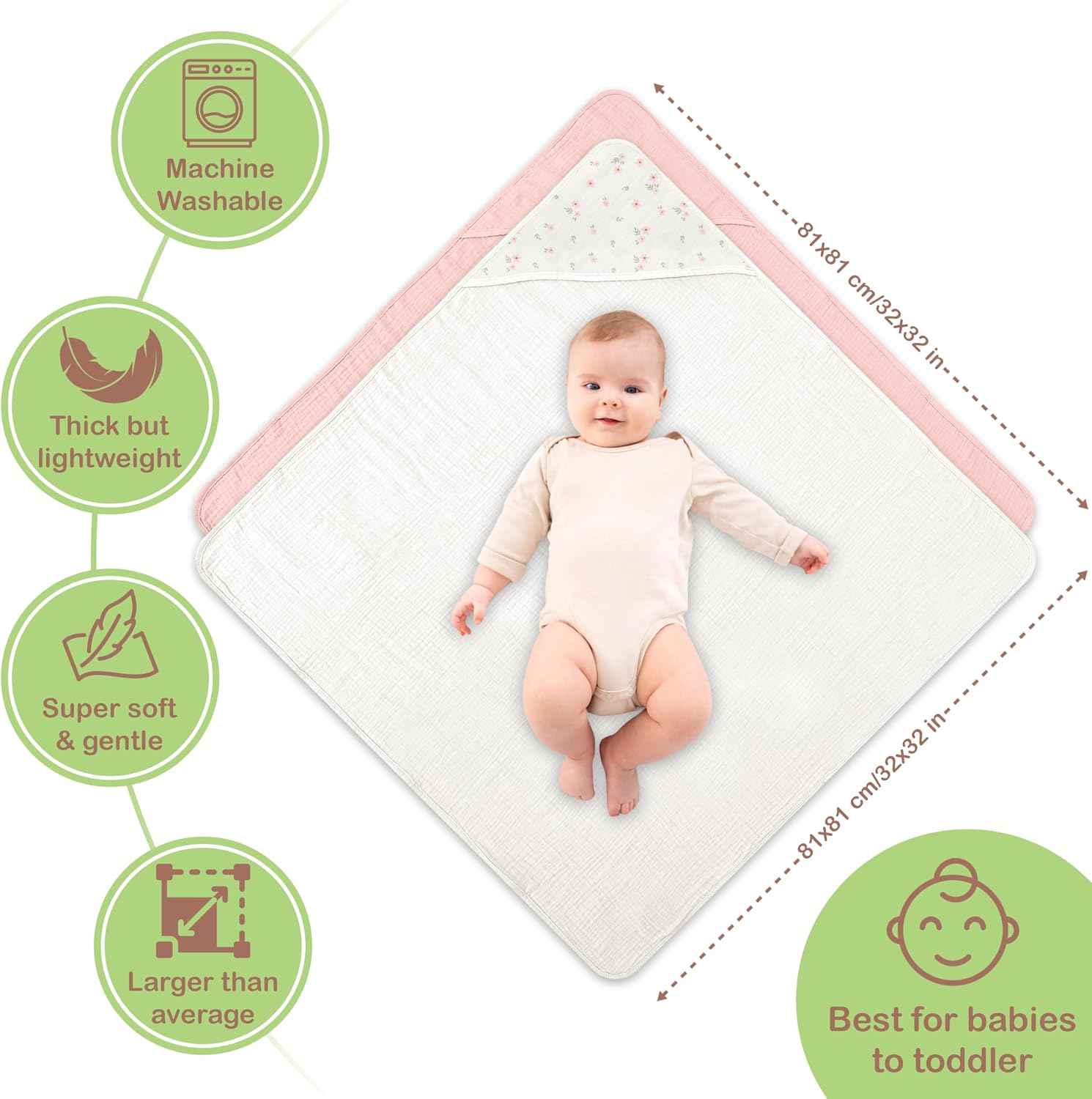 Organic Cotton Muslin Baby Hooded Towels - 32x32 Inch, 2 Pack Newborn Bath Towels for Boys & Girls, Soft & Absorbent Bath Set (Blush & Ivory Floral)
