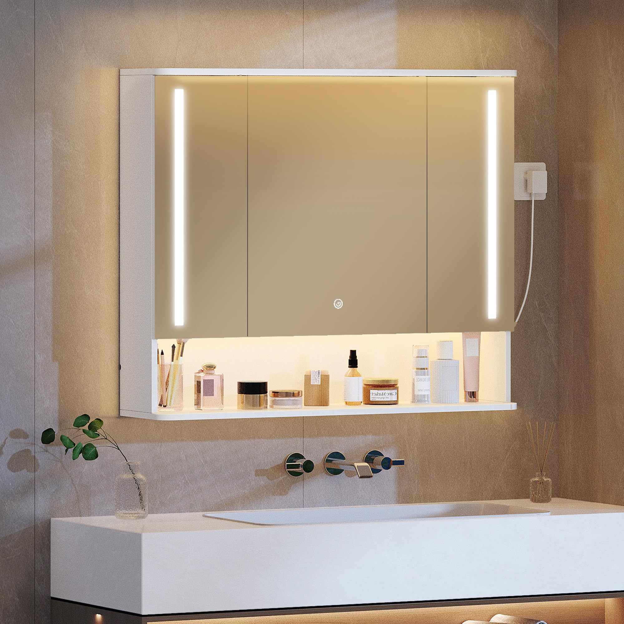 Hzuaneri Armario de Baño con LED, 3 Color, 3 Puertas, 21 x 90 x 76 cm | Iluminación LED Superior e Inferior, Mueble Baño con Estantes Ajustables, 5490103XEU