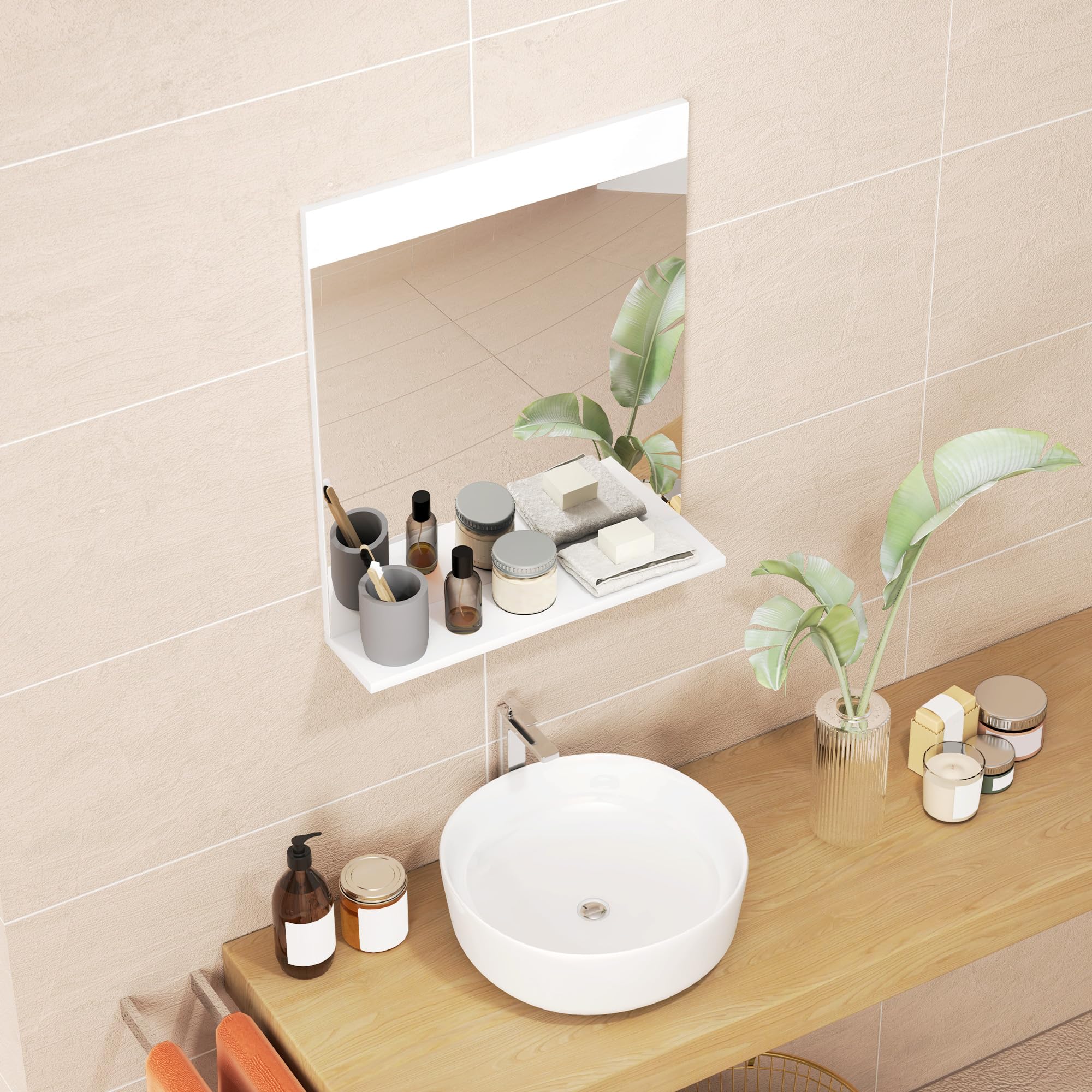 HOMCOM Espejo de Baño con Estante Abierto 50x12x60 cm Blanco | Espejo de Pared, para Entrada Pasillo
