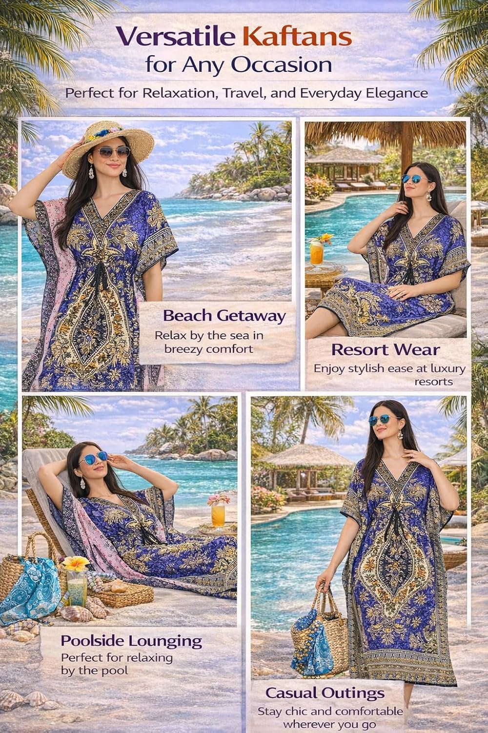 LAPSHA'S Women's Kaftan Dress Beach Cover Up Tribal Ethnic Print Plus Size Loose Kimono Maxi Dress - Image 2