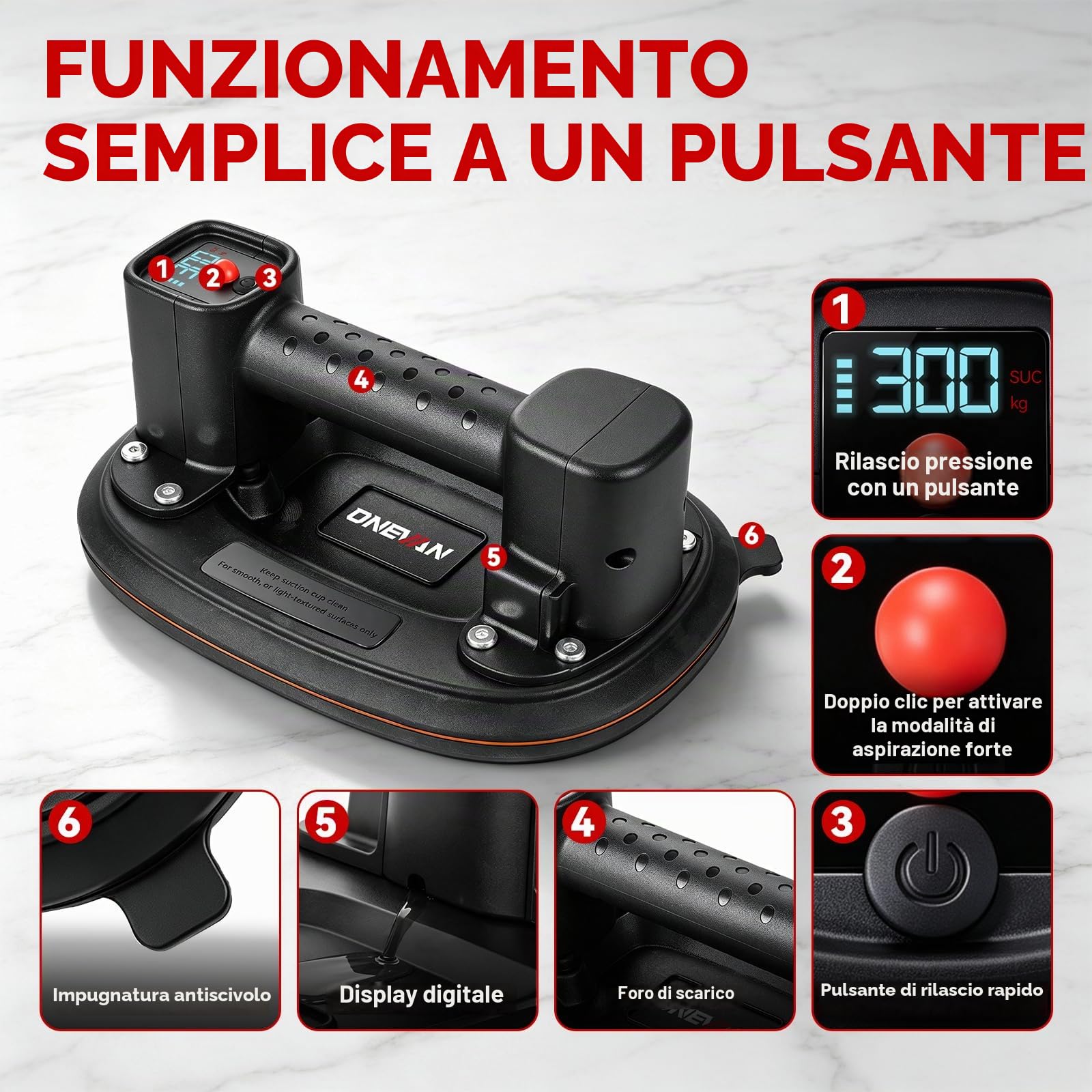 ONEVAN Ventosa per Piastrelle 2pezzi, sollevamento 300 kg, 4000mAh Pastella