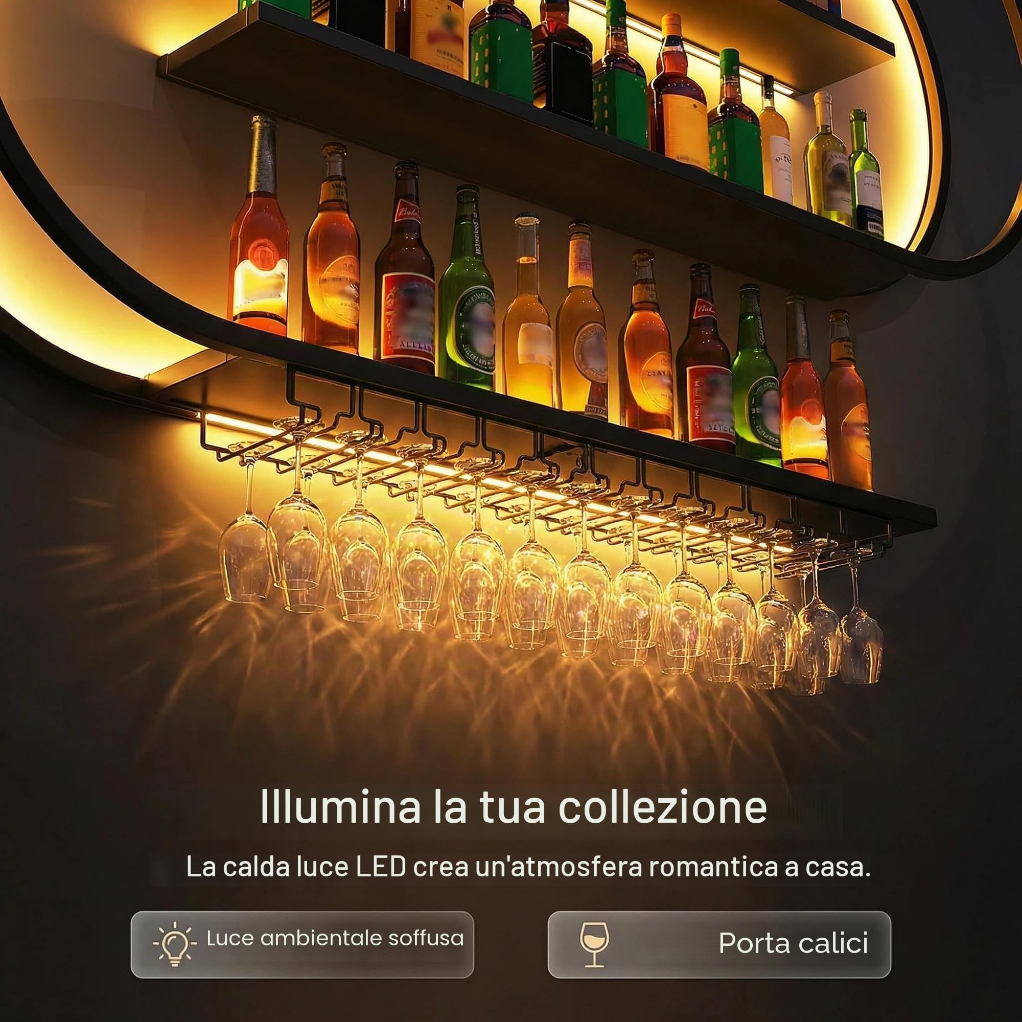 Portabottiglie da parete, mensole da bar sospese a 4 livelli, mensola portabottiglie in metallo industriale, per arredamento da bar e sala da pranzo, nero (150cm)