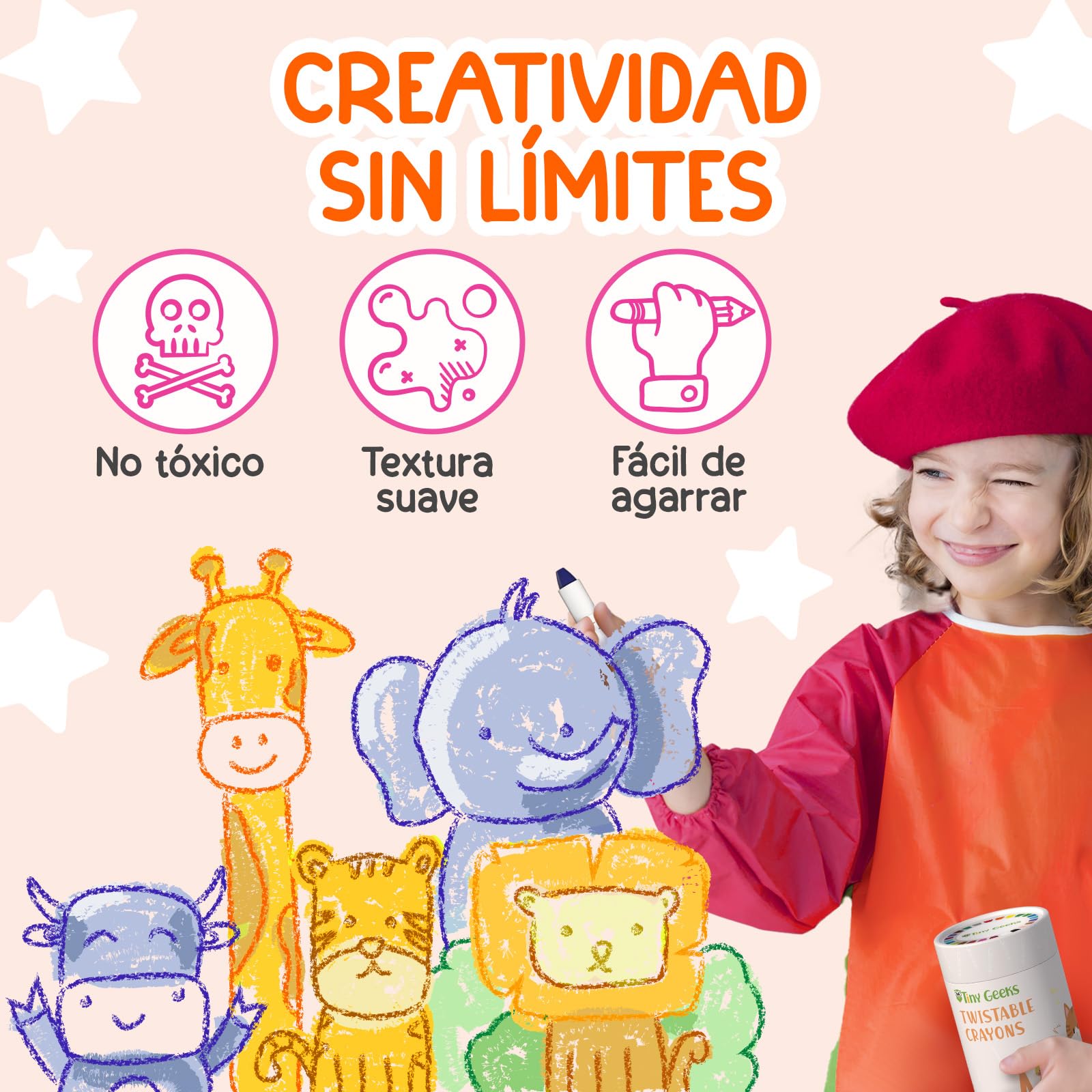 TinyGeeks 24 Crayones Retráctiles - No Tóxicos para Niños Pequeños de 1-3 Años - Crayones Lavables para Niños de 4-8 Años - Fáciles de Agarrar