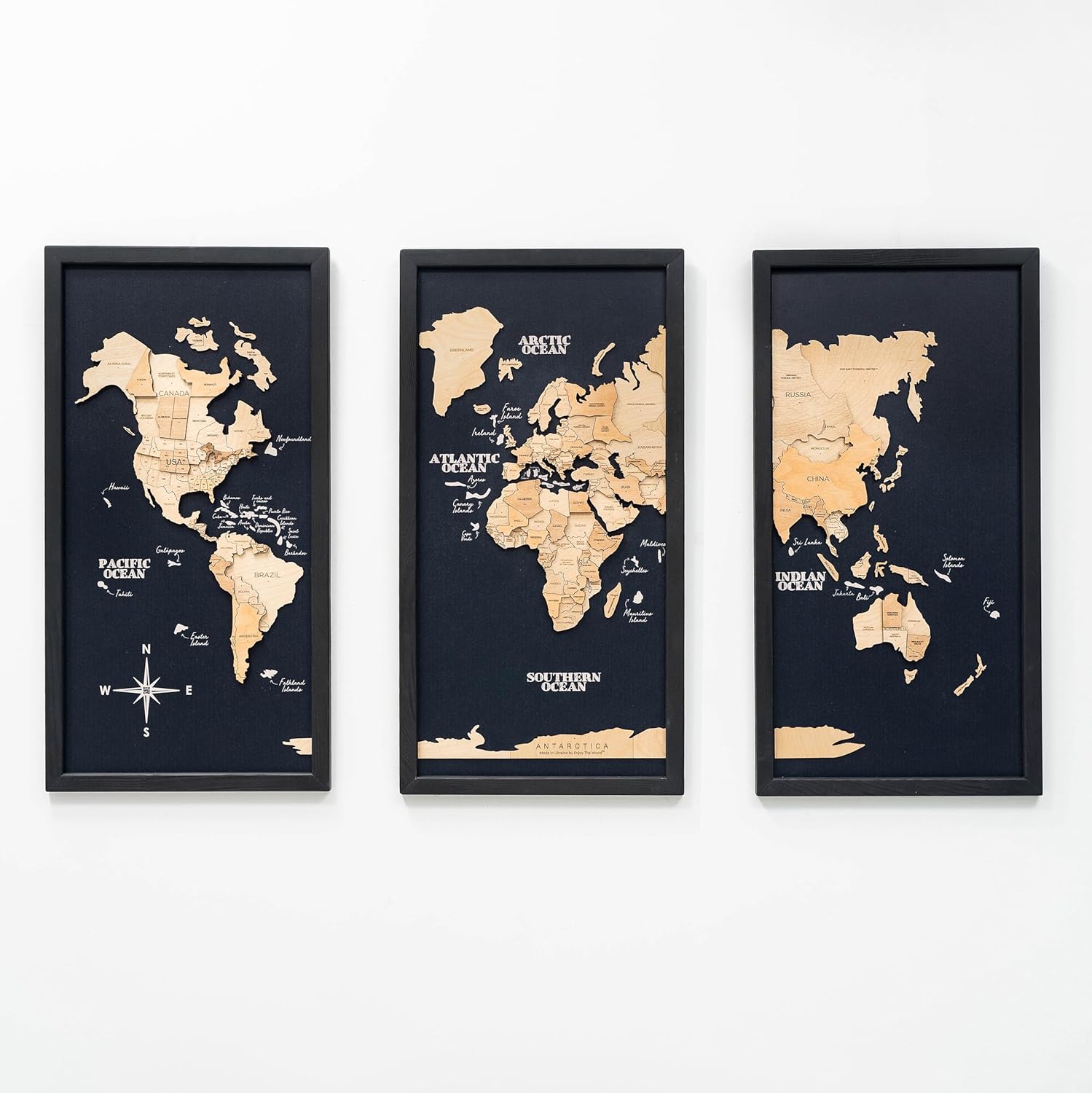 ENJOY THE WOOD Framed World Map Wall Art Wood Travel Decor 3D World Map On Board 3 Panels Wall Rustic Decoration Housewarming Gift (Triptych, Light, Medium)