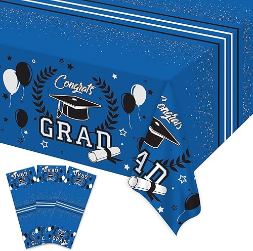 Tevxj 3 manteles de plástico azul para fiesta de graduación, clase de 2023, rectangulares, 54 x 108 pulgadas, reutilizables, impermeables,