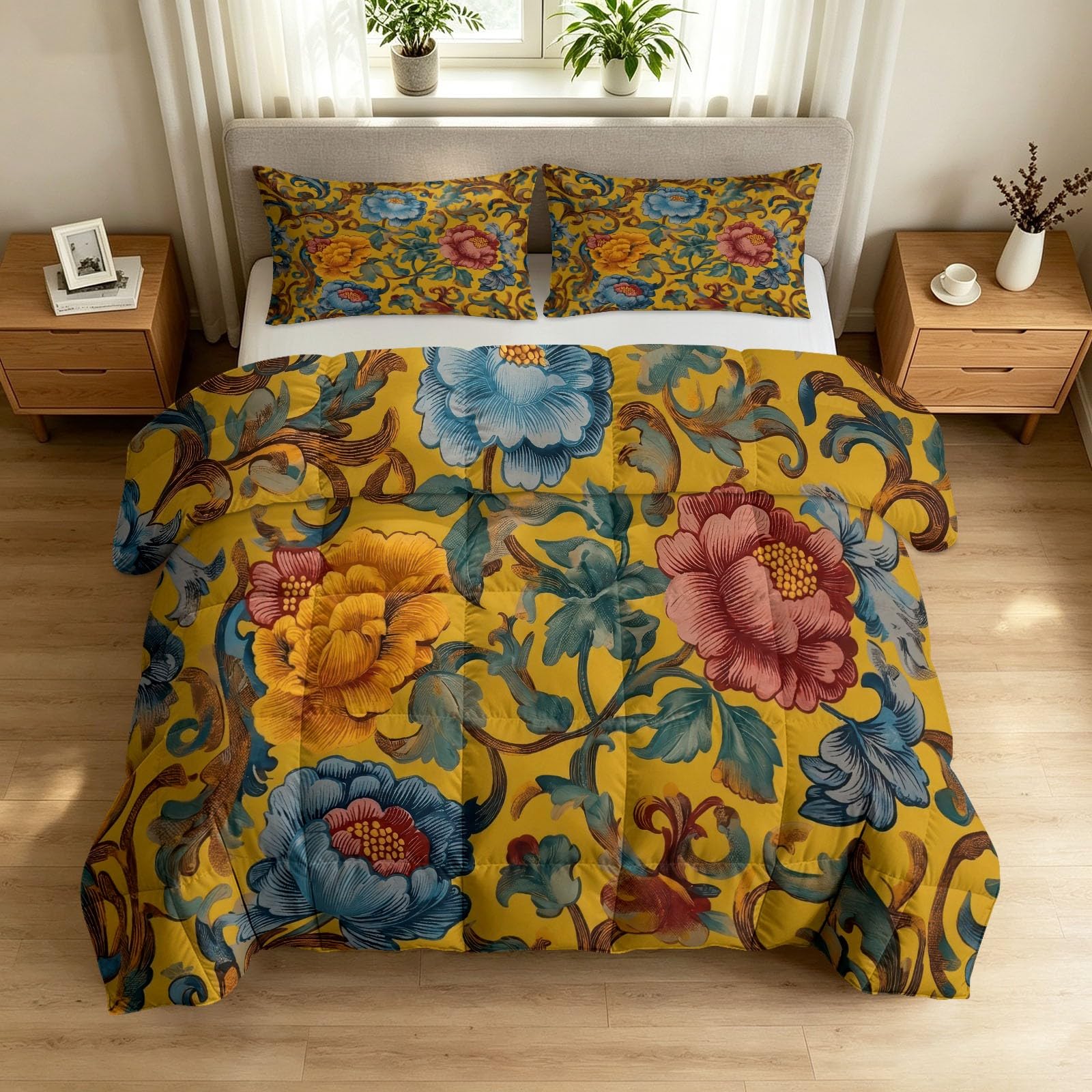 Couette d'été légère 240 x 220 cm drap de lit doux motifs plantes et fleurs