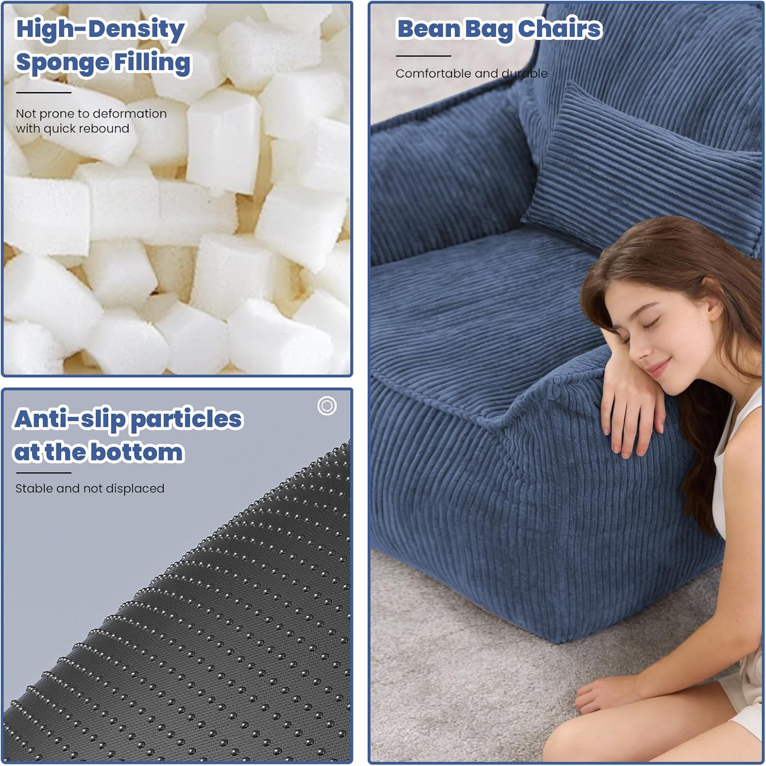 Oversized Bean Bag Chairs with Memory Crushed Sponge Filler for Adults Teens, Comfy Corduroy Large Bean Bag Couch Armchair for Reading Bedroom Living Room, Giant Reading BeanBag Chair, Navy
