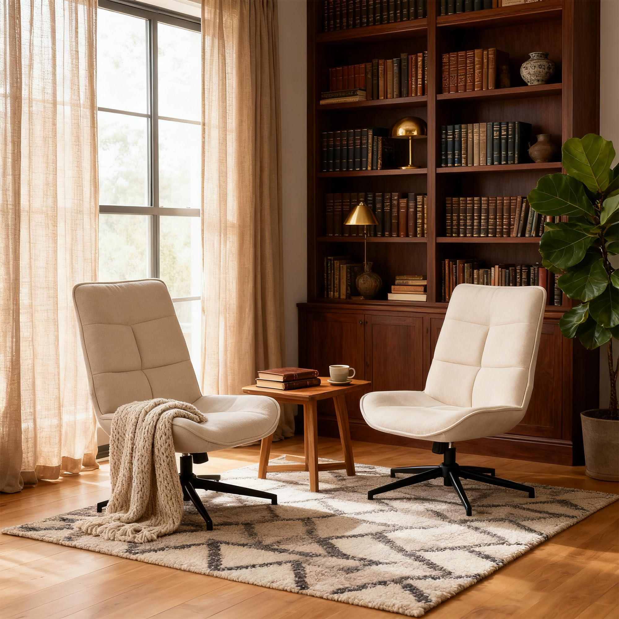 MEUBLE Cosy Sillón Relax de Salón, Silla Giratorio Moderna y Cómoda con Respaldo Reclinable, Altura Ajustable, Tela Suave, Patas Metálicas, Beige