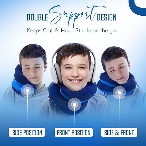 BCOZZY Kids Chin Supporting Travel Pillow for Ages 812- Patented Soft Neck Pillow for Head and Chin Support in Car Seat and Airplane. Comfortable Travel Essential. Medium Size, Bag, Light Blue