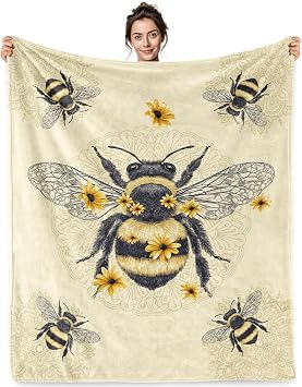 Bee Gifts Blanket Vintage Honeybee Flower Mandala Throw Blanket | 50x60 Inch Flannel Bee Blanket Gifts For Christmas Birthday Mother Day Women Bumble Bee Lovers