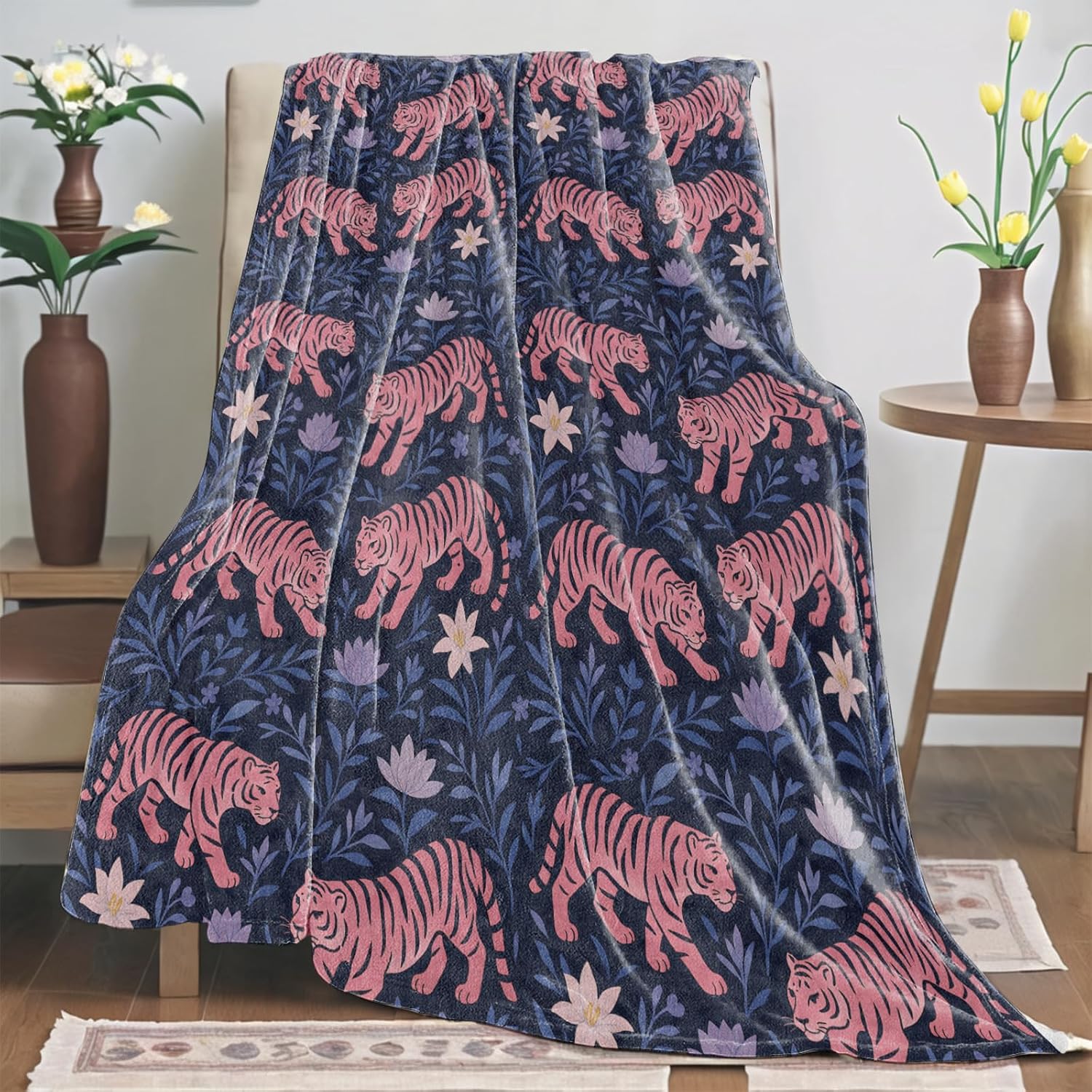Tiger Gifts, Pink Tiger Floral Blanket for Girls Kids Women, Cozy Warm Flannel Throw Blankets for Bedroom, Travel, Couch, Home Decor, 50x60 in