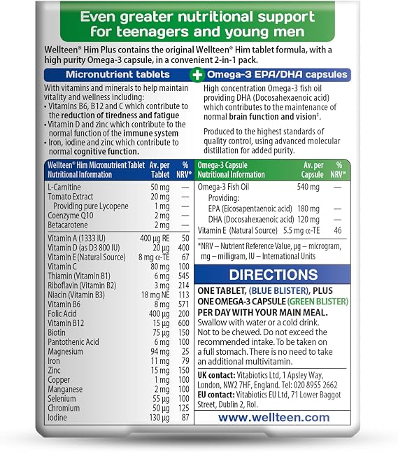 Vitabiotics Wellteen Him Plus Omega-3 - Maximum Nutritional Support for Teenagers and Young Men Ages 13-19 - 56 Tablets and Capsules