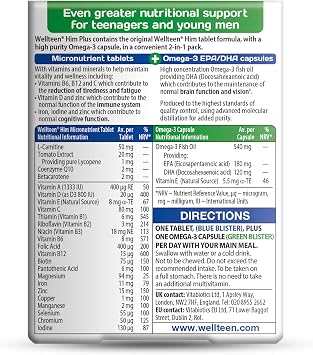 Vitabiotics Wellteen Him Plus Omega-3 - Maximum Nutritional Support for Teenagers and Young Men Ages 13-19 - 56 Tablets and Capsules