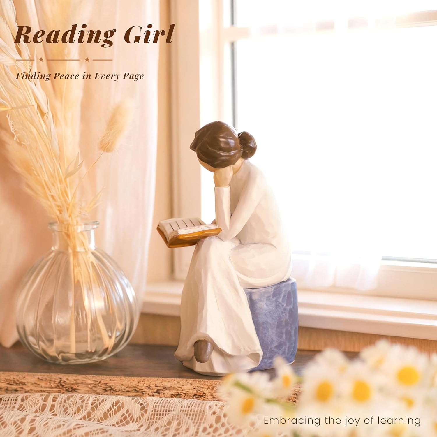 Reading Figurine for Book Lovers Resin Bookshelf Decor Gift for Women,Seated Reading