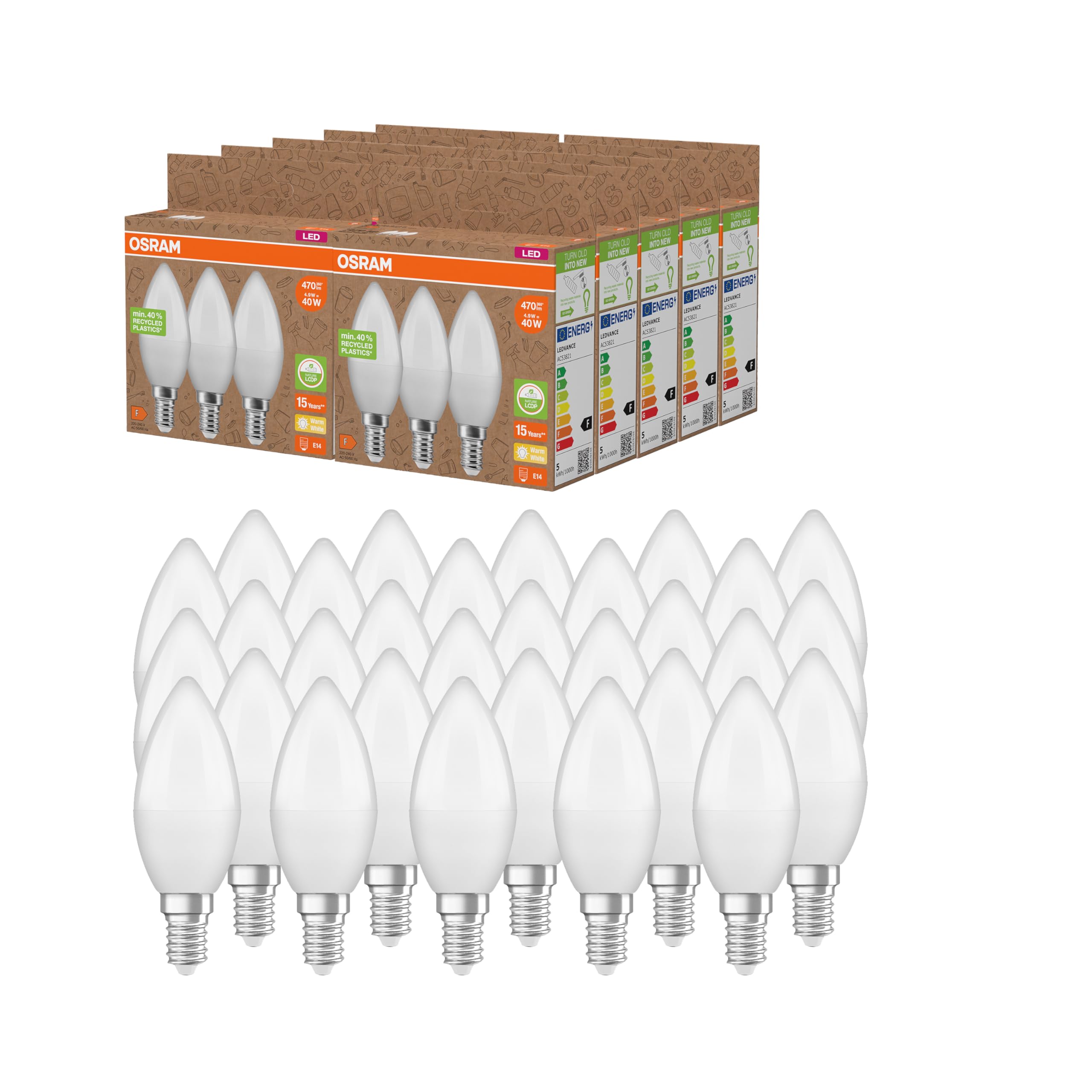 OSRAM NATURE LOOP - lámparas LED especialmente sostenibles hechas de plástico reciclado, paquete de 30 bombillas, reemplaza bombillas incandescentes tradicionales de 40W, forma de vela, E14