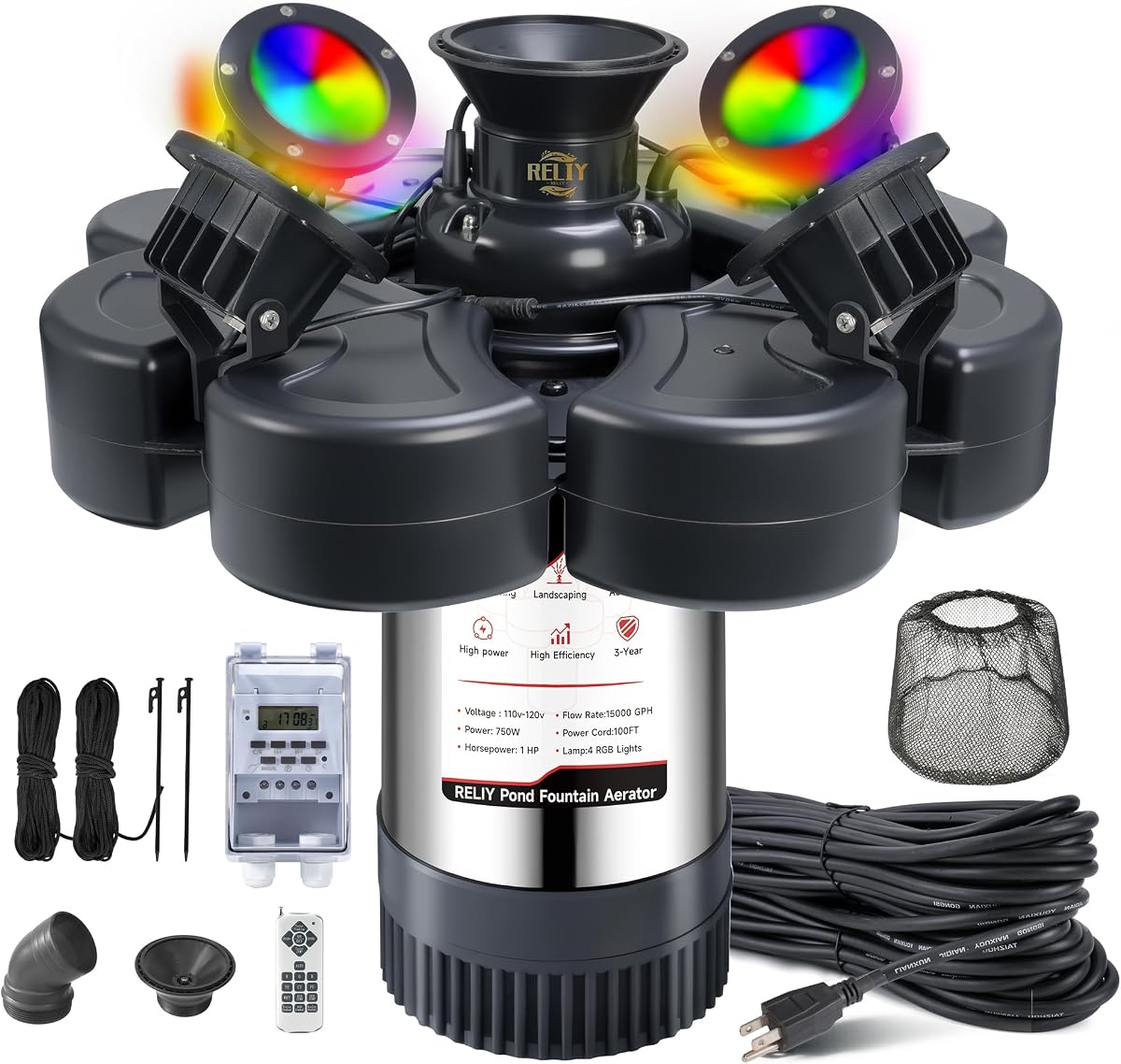 RELIY Aireador de fuente para estanque, con 4 luces RGB 1HP 110V 15000 GPH Bomba de fuente de acero inoxidable, Fuente flotante de lago potente totalmente automática, Cable de alimentación de 100 pies, Interruptor de temporizador programable