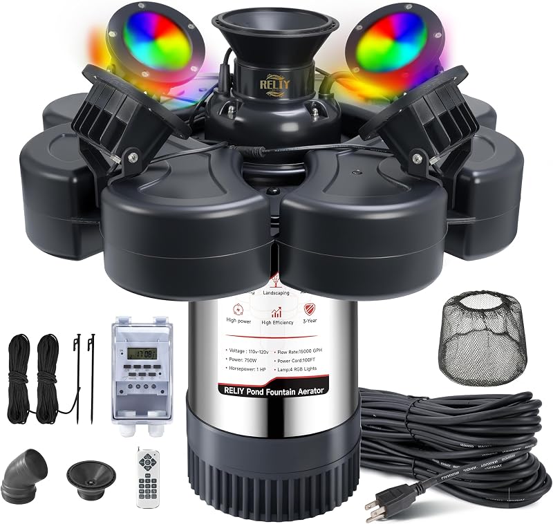 RELIY Aireador de fuente para estanque, con 4 luces RGB 1HP 110V 15000 GPH Bomba de fuente de acero inoxidable, Fuente flotante de lago potente totalmente automática, Cable de alimentación de 100 pies, Interruptor de temporizador programable