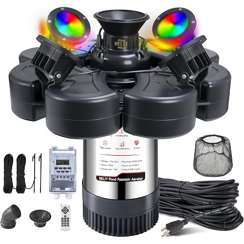 RELIY Pond Fountain Aerator, With 4 RGB Lights 1HP 110V 15000 GPH Stainless Steel Fountain Pump, Fully Automatic Powerful Lake Floating Fountain, 100 FT Power Cord, Programmable Timer Switch