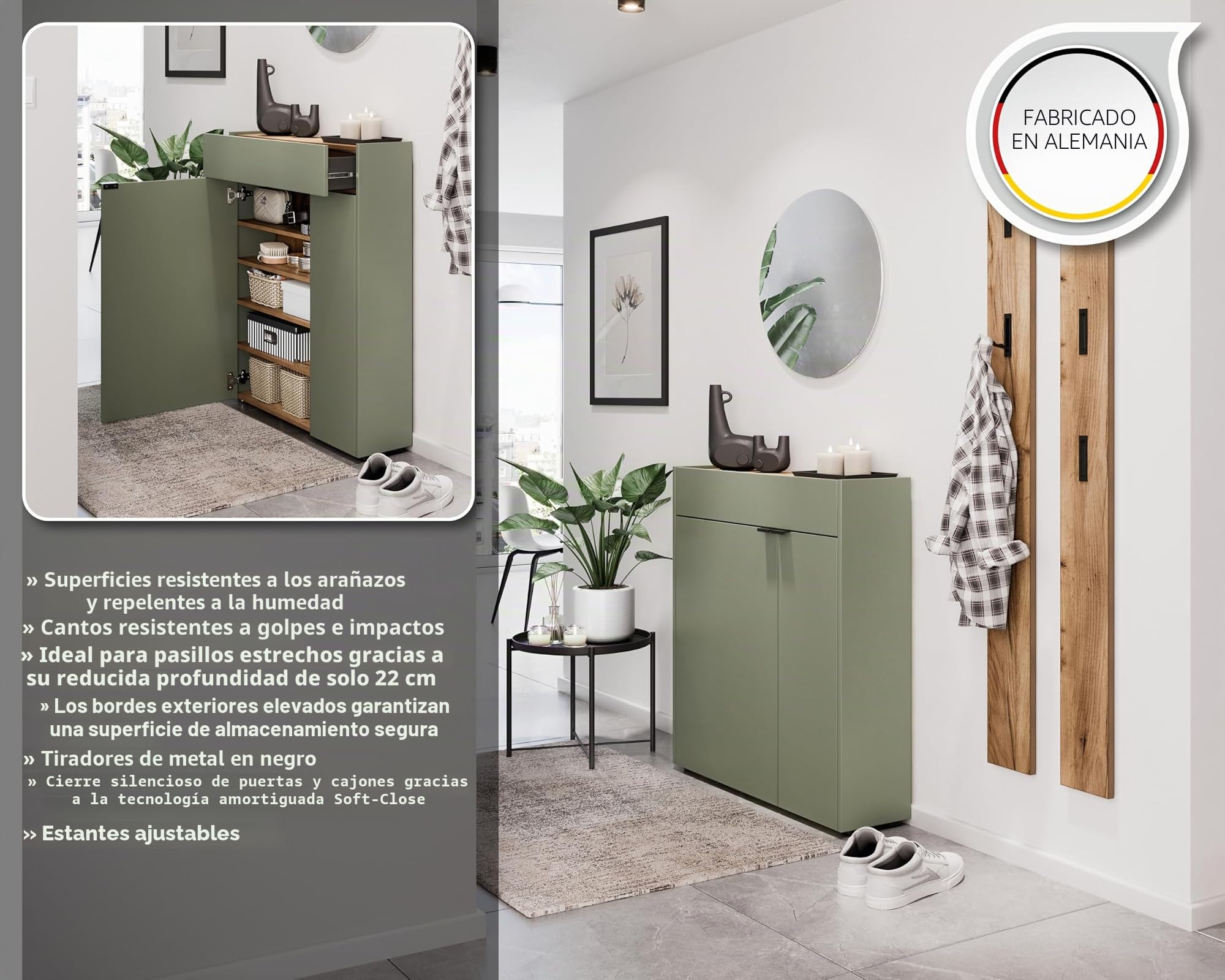 Germania Armario Zapatero 1319-629 GW-Ameca, en Verde Pardo/Roble navarra, con amortiguación en Las Puertas, 83 x 99 x 22 cm (Ancho x Alto x Profundidad)