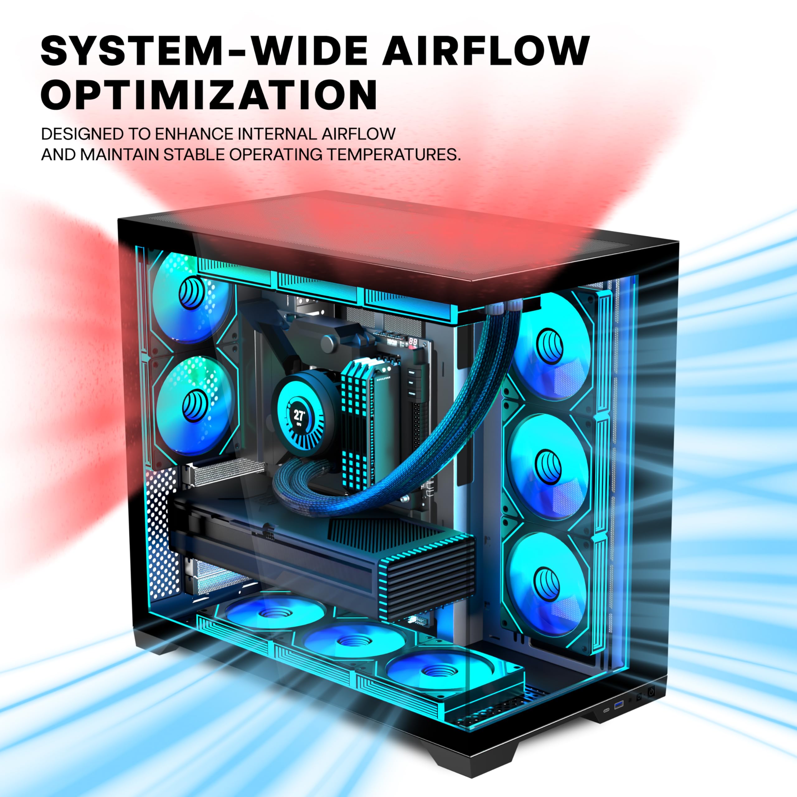 ANSAITE ATX PC-Gehäuse 9×120 mm ARGB PWM-Lüfter vorinstalliert ，Mid-Tower Gaming PC-Gehäuse, Panorama-Gehärtetes Glas Schwarz Computer-Gehäuse mit Typ-C, 360mm Radiator Unterstützung，H-D9 (Schwarz)
