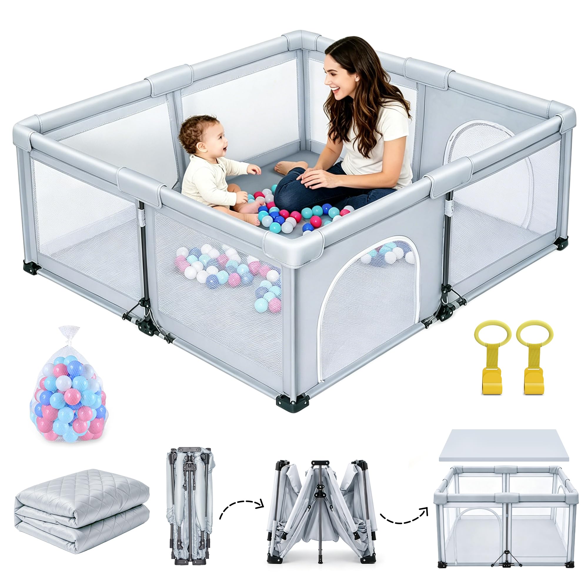 JJKAKA 180x150 Foldable Baby Playpen with Mat, Portable Playpen 1-Min Setup