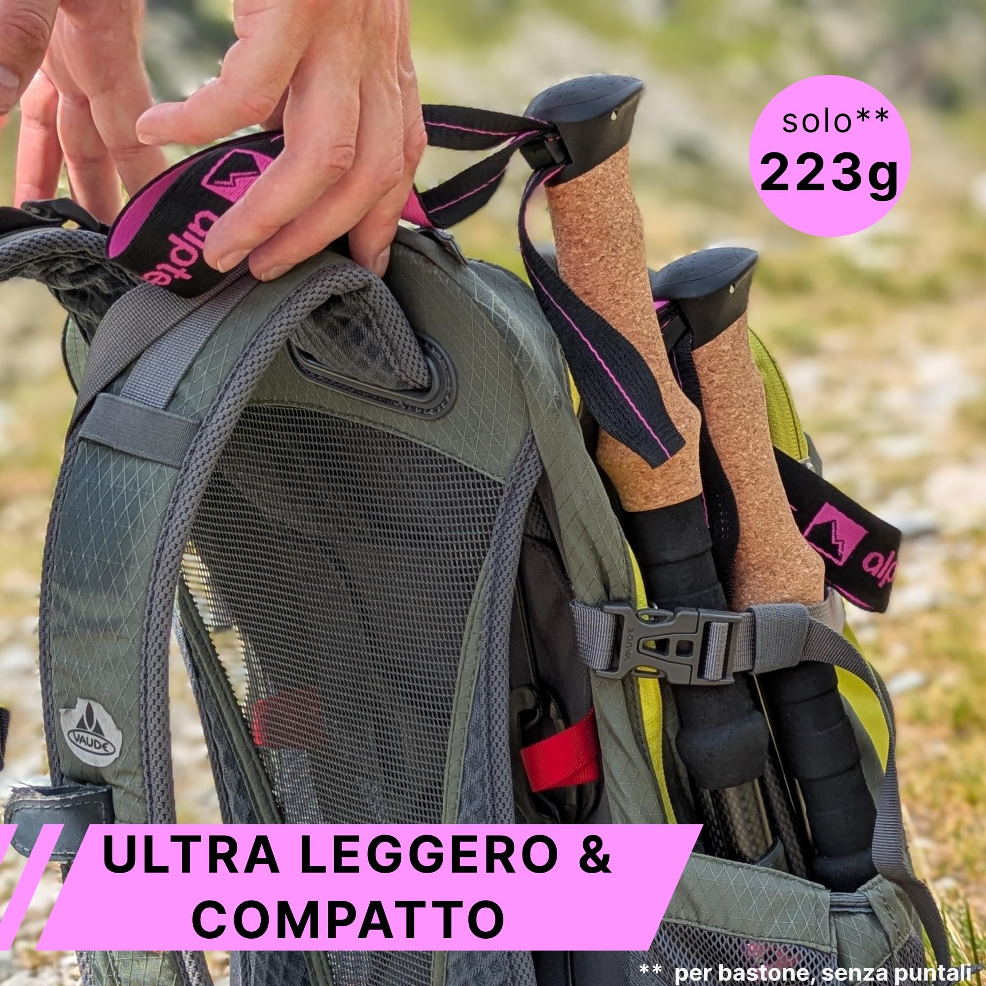 Bastoni da trekking pieghevoli in carbonio con impugnatura in sughero | Bastoni da escursionismo per sport di montagna | Bastoni da nordic walking per donne e uomini | extra leggeri