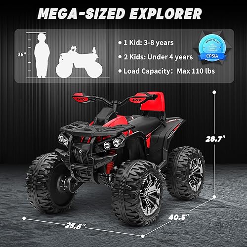Miniatura 6 de ATV 4 ruedas para niños, juguetes de paseo de 24 V 4WD con 2 plazas, motor potente de 4 x 200 W, funciona con batería de 9 AH, música Bluetooth,