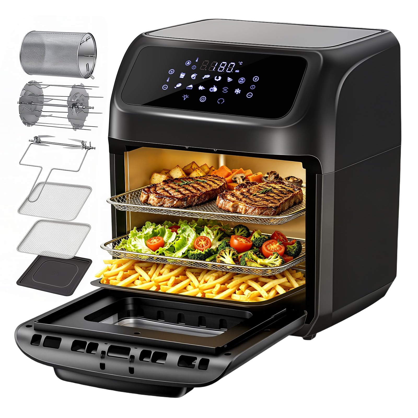 LLIVEKIT 12L Heißluftfritteuse, Heißluftbackofen mit Drehspieß, Mini Backofen mit Umluft 1800W, 7 Zubehörteile, 12-in-1 Air Fryer, Warmhaltefunktion, spülmaschinenfest, PFOA-frei