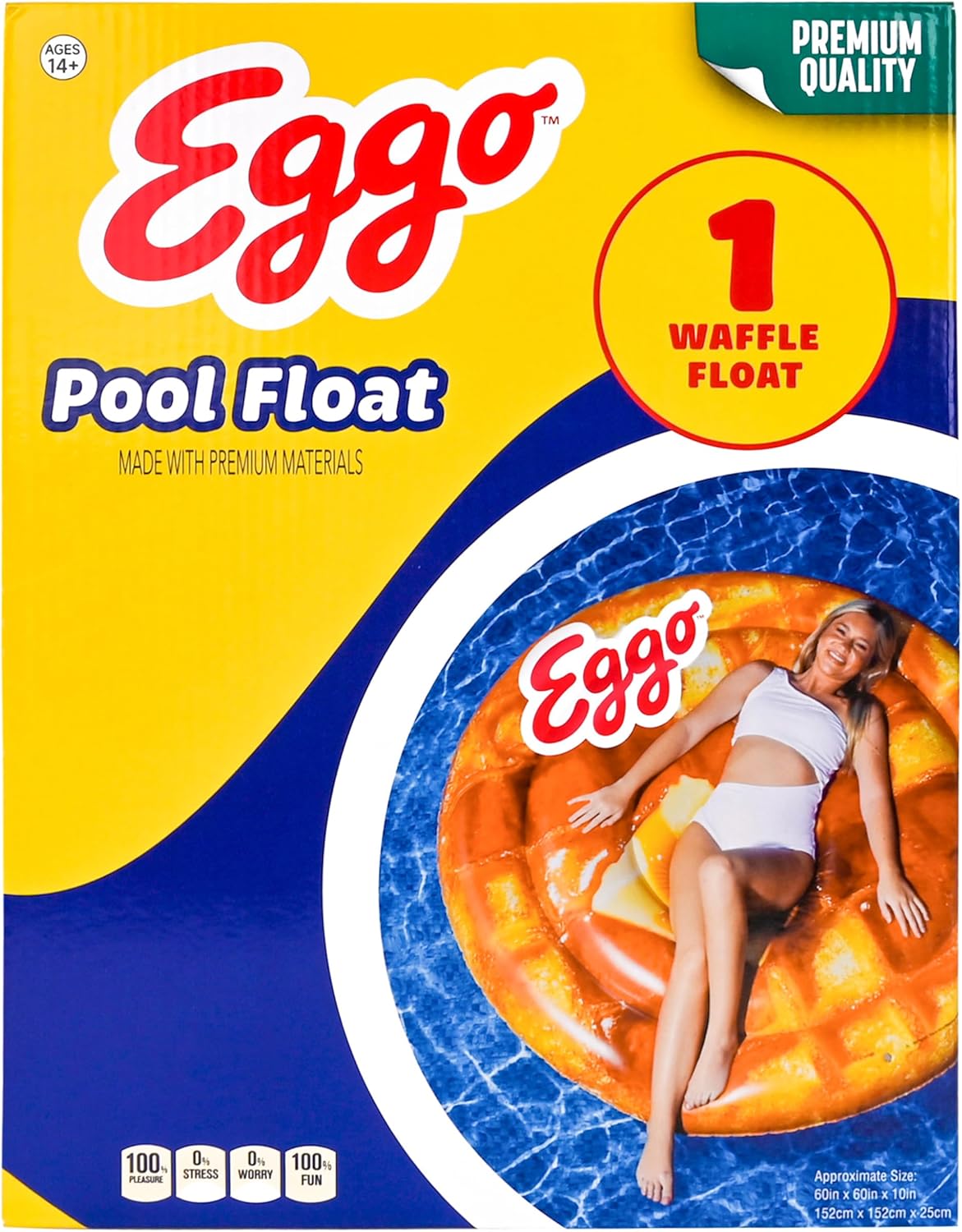 Giant Eggo Waffle 5 Feet Large Round Inflatable Pool Float, Raft, Beach & Lake, Tanning Lounger, Durable Vinyl