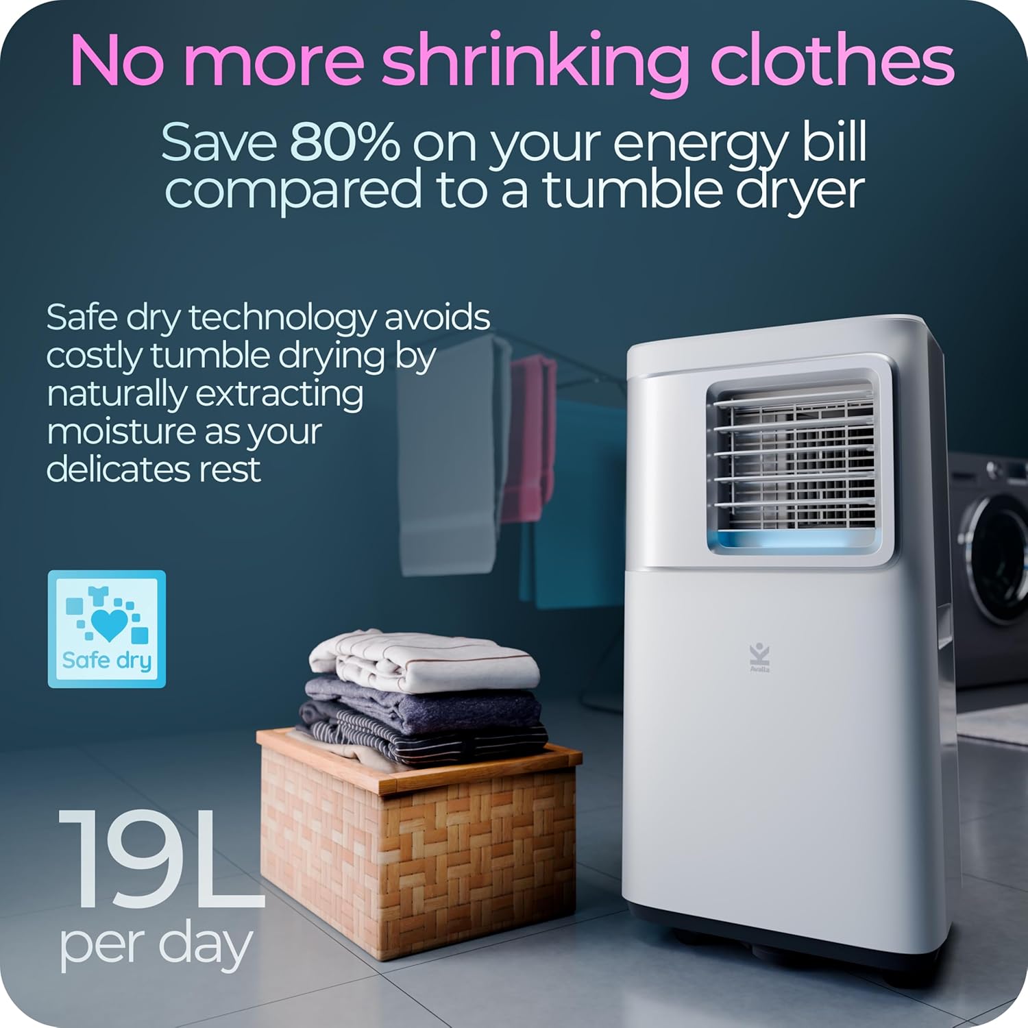 Avalla S-550 Portable Air Conditioner in a laundry area, demonstrating its dehumidifying capability for drying clothes