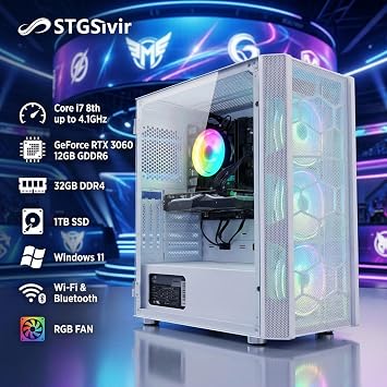 STGsivir Gaming PC, Gaming Computer Desktop Tower, Intel Core i7 8th up to 4.1GHz, Nvidia GeForce RTX 3060 12GB GDDR6, 32GB DDR4 RAM, 1TB SSD, WIFI 6, BT 5.0, RGB Fan x3, Windows11 Pro