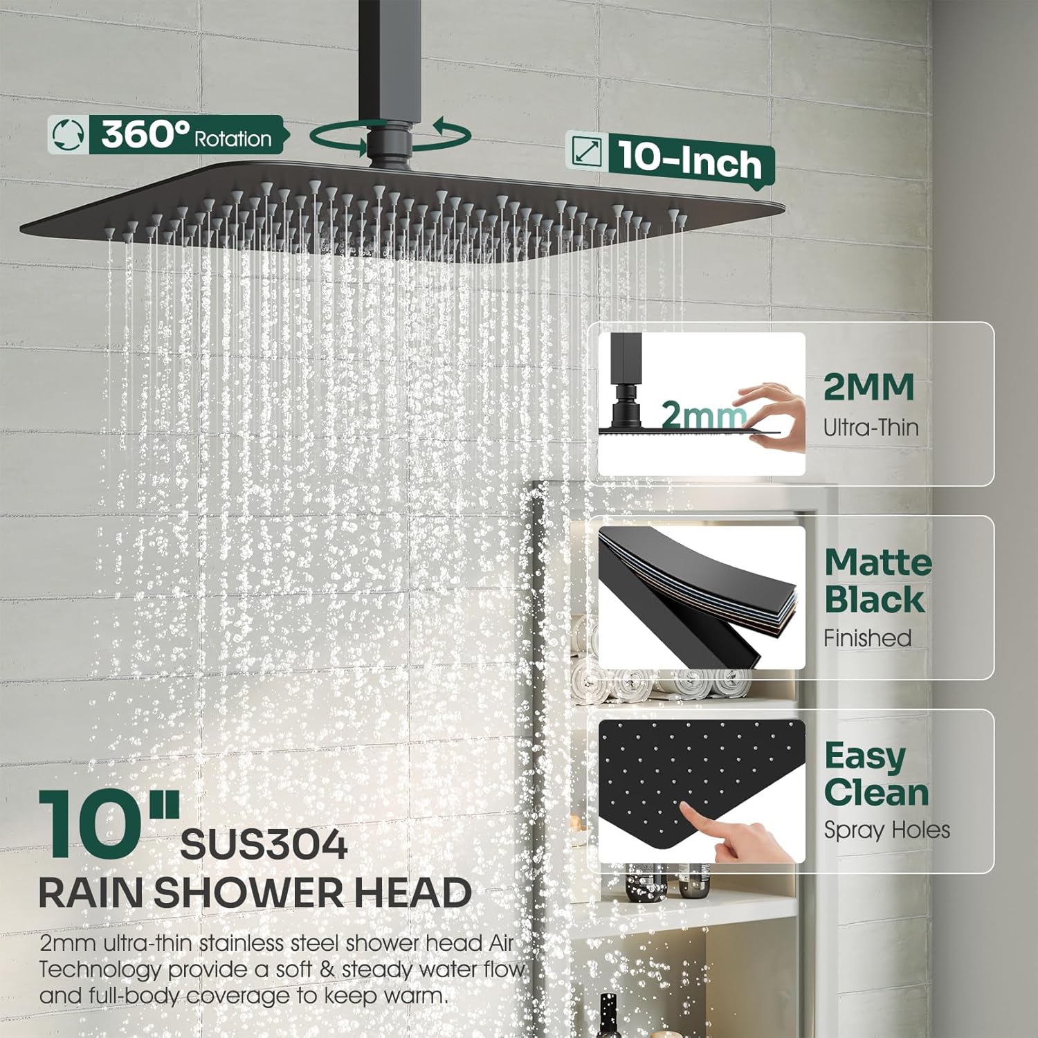 Ceiling Mount Shower Faucet Set, Black Shower System with 10-Inch Rain Showerhead and Handheld Spray Combo, High-Pressure Showerheads Set with Valve and Trim Kit, Matte Black - Image 3