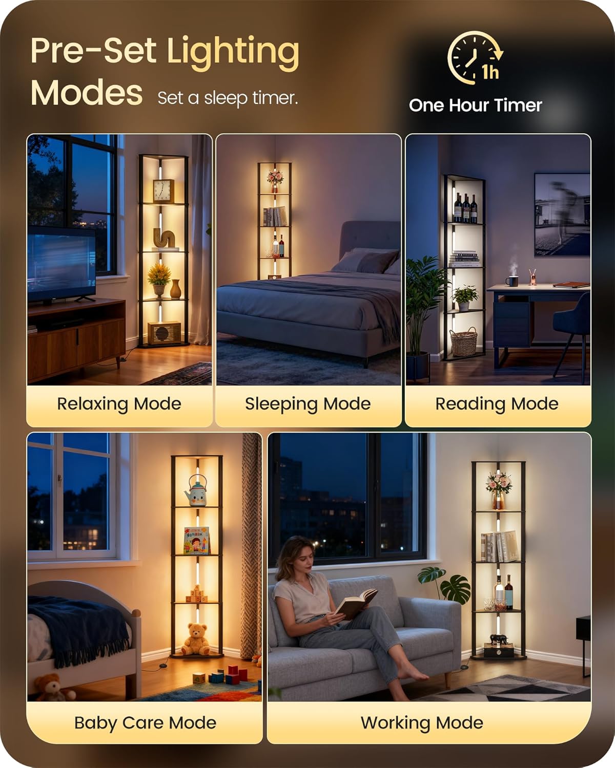 63.4” Display Shelf with Light, Modern Corner Floor Lampe with Shelves, LED Dimmable Standing Lamp with Remote for Living Room, Bedroom, Office, Adjustable CCT, Black Triangle B55LD05