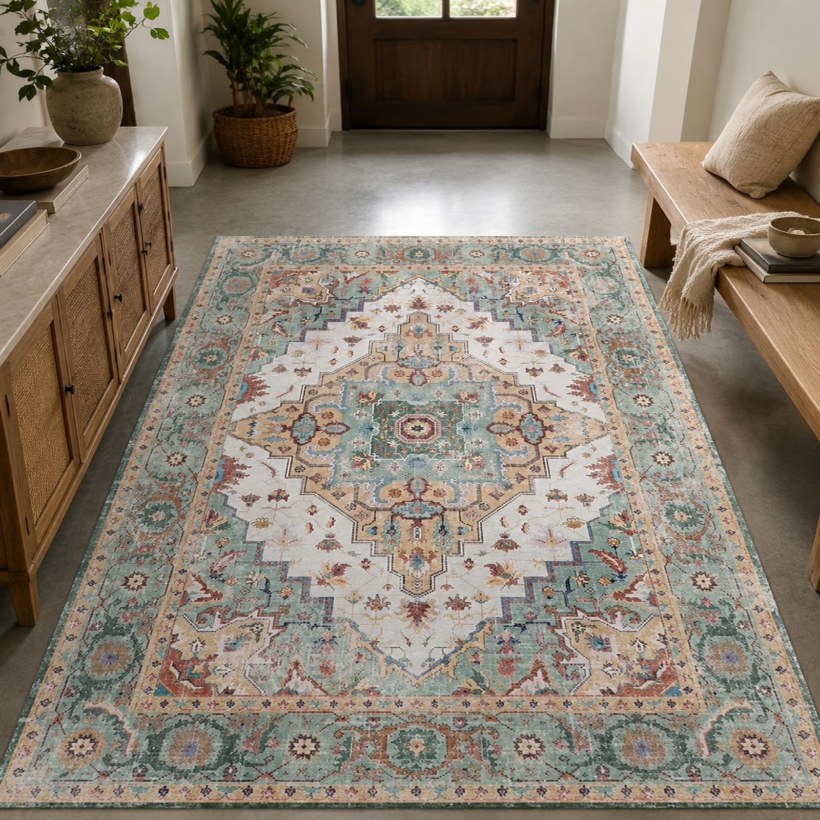 Grand tapis salon oriental vintage vert et beige rectangle 200x300 cm