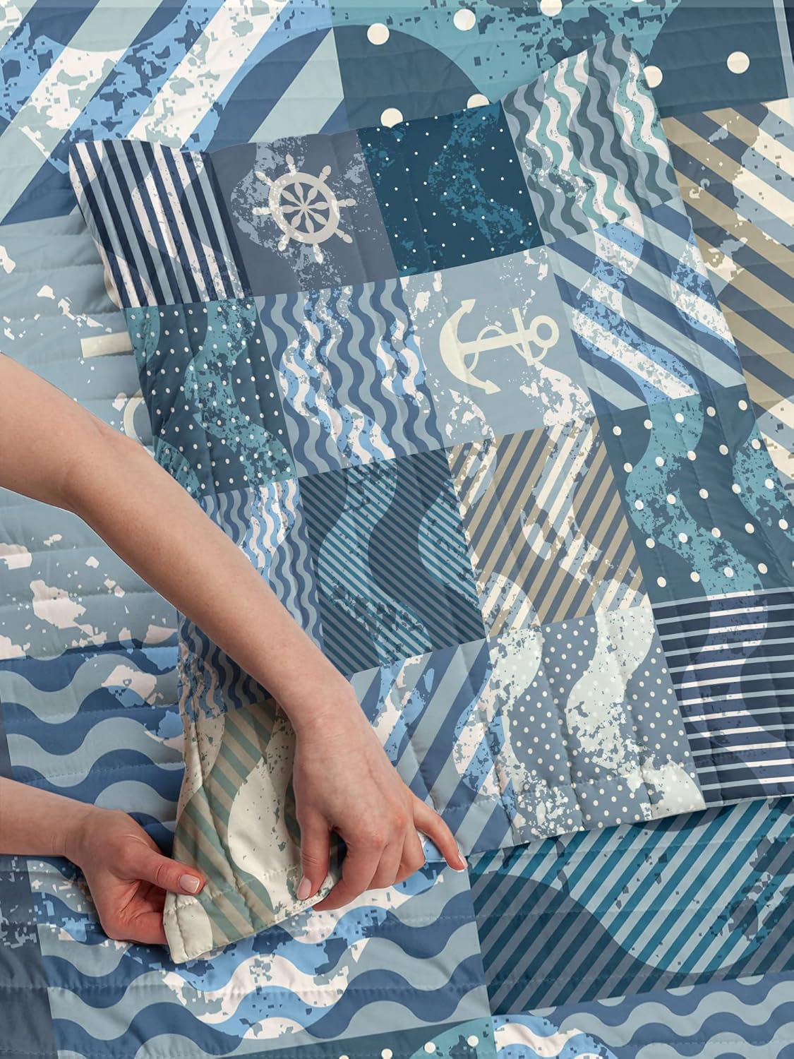 Ambesonne Nautical Microfiber Bedspread Set, Marine Theme Wave Patterns in Patchwork Style Boxes Squares Striped Anchor Print, Soft Bedding Set with Pillow Shams & Comforter, Queen Size, Blue Beige Queen Size Blue Beige