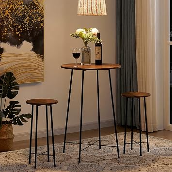 VECELO 3 Piece Pub Table and Chairs Sets Counter Height Bistro Bar Sets with 2 Barstools for Kitchen Breakfast Nook, Small Space, Apartment, Breakfast Dinner Restaurant, Brown