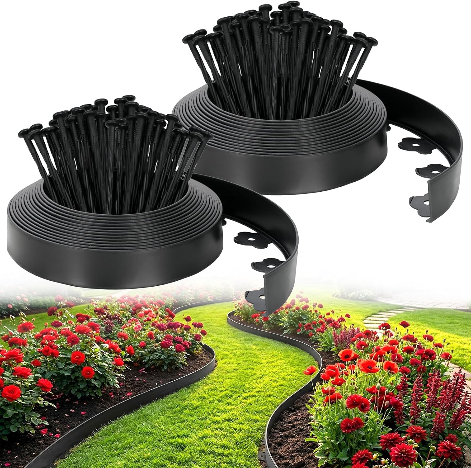 Velway Landscape Edging Kit 66 FT, No Dig Garden Edging Border with 100 Spikes, 2 Inch High Heavy Duty Plastic Lawn Edging for Flower Beds, Walkways & Yard Landscaping, Black