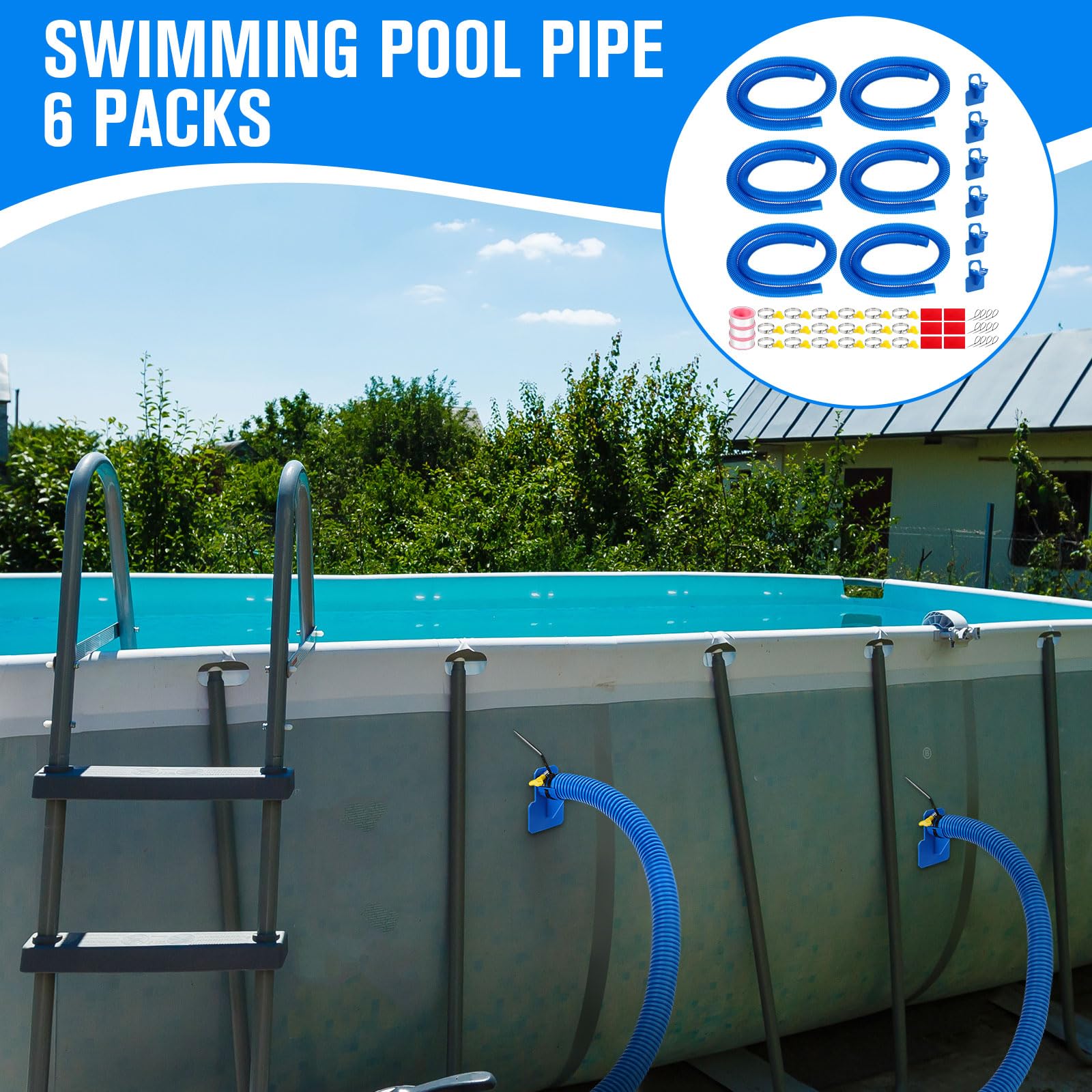 Tuanse Confezione da 6 tubi per pompa per piscina da 3,25 cm, per piscine lunghe fuori terra, accessori di ricambio per filtro per piscina, con morsetti, supporti per tubi per modelli 330/530/1000 GPH