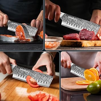 سكين MOSFiATA 7'Nakiri سكين طاهٍ حاد احترافي من دمشق، سكين مطبخ من الفولاذ الدمشقي VG-10 مع مبراة بمقبض مريح