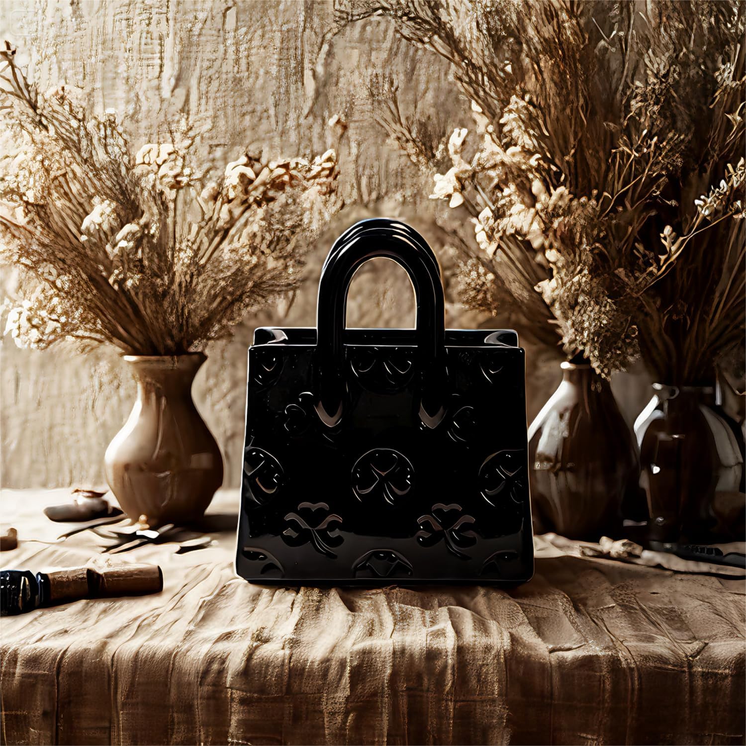 Handbag Shaped Ceramic Vase – Black Small Decorative Vase with Clover Pattern, 5.9"L x 2.95"W x 7.08"H, Multi-Use for Flowers, Makeup Brushes & Pens, Elegant Gift for Women, Gothic & Modern Home Decor