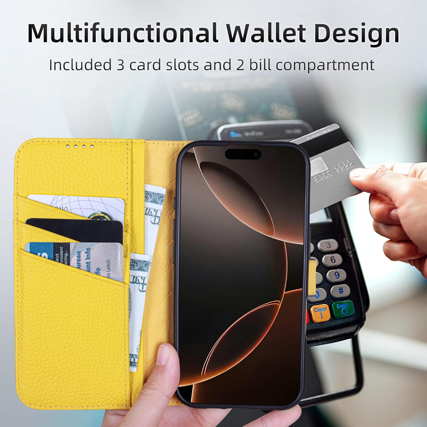 VISOUL Wallet Case for iPhone 16 Magnetic with Card Holders, Pebbled Real Leather Phone Wallet Case with Kickstand Shockproof Folio Cover for iPhone 16 6.1" (Blue+Yellow-Magnetic)