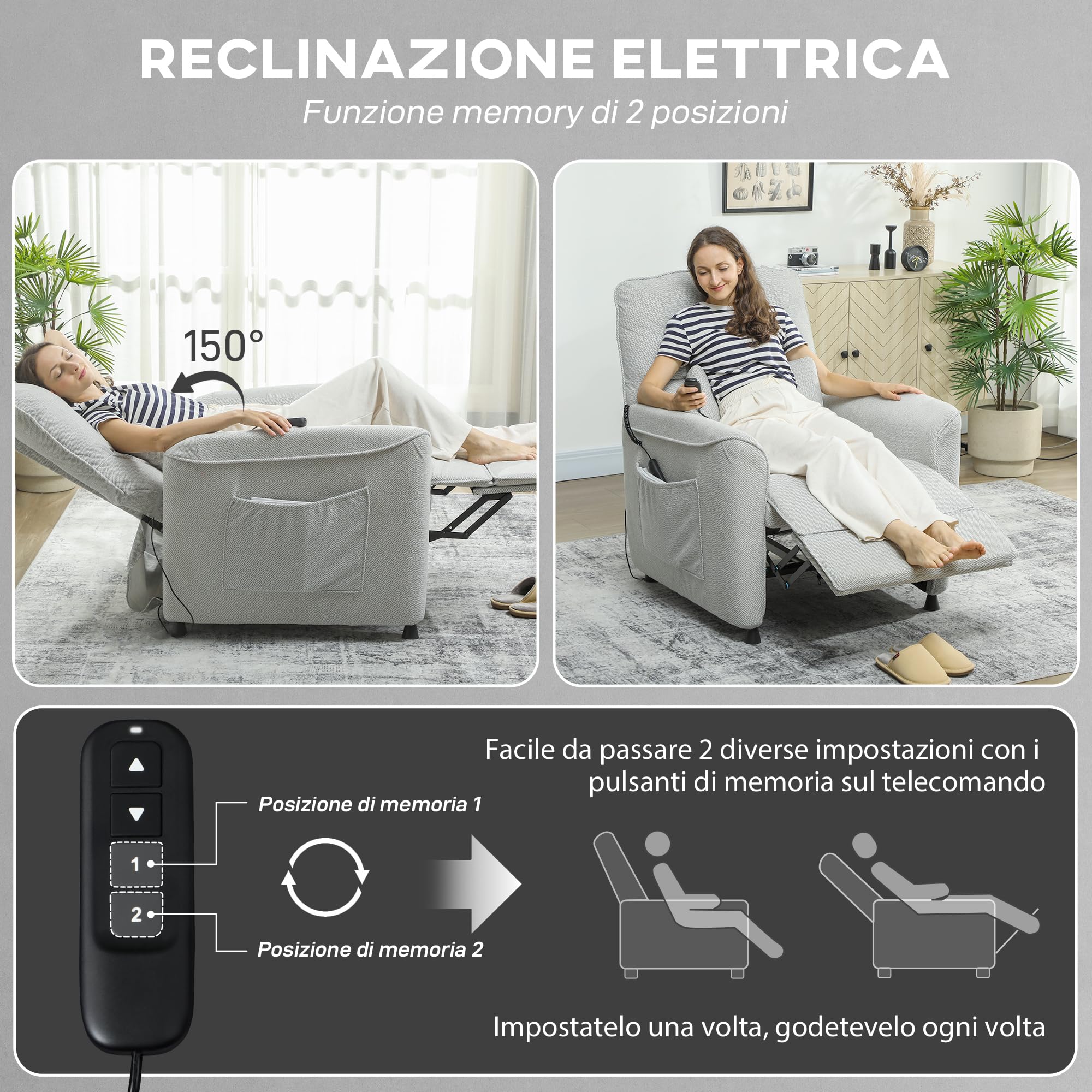 HOMCOM Poltrona Relax Elettrica Massaggiante e Riscaldante, Silenziosa, Poltrona Reclinabile 150° in Ciniglia con Cuscino, Funzione Memory, 2 Telecomandi, Poggiapiedi, USB per Soggiorno, Grigio Chiaro