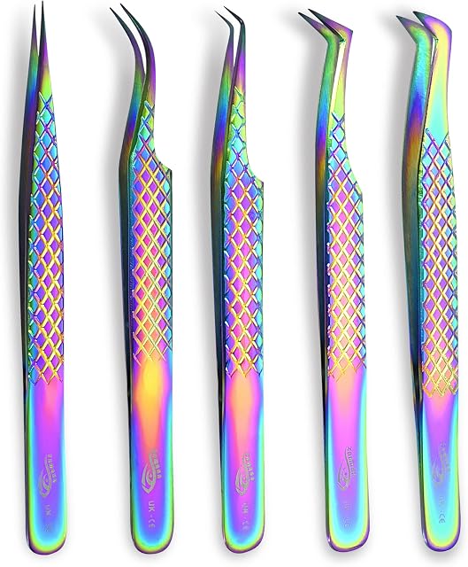 ZAMAHA UK Lash Eyelash Extension Tweezers Set of 5, Japanese Stainless Steel Tools Straight Curved 45 90 Degree Angled Tip, Volume Tweezers Precision (Rainbow Multi)