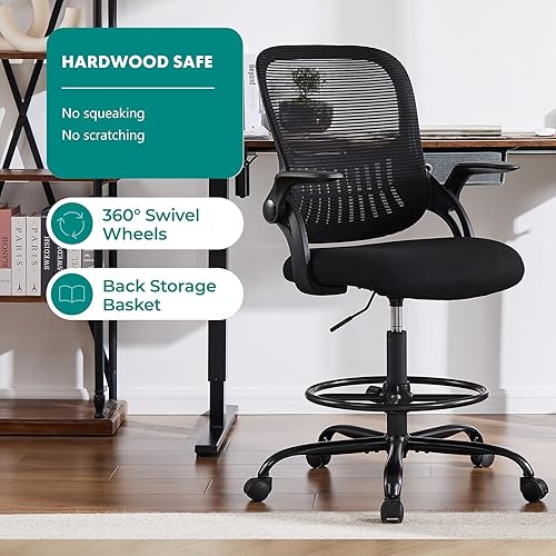 Miniatura 7 de DUMOS Silla de dibujo para escritorio de pie, altura de mostrador ajustable, brazos abatibles, ergonómicas de malla con respaldo medio, sillas Negro