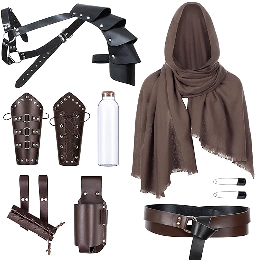 Medieval Knight Leather Belt Shawl Men Renaissance Half Shoulder Cape Scarf Buckle Bracers Retro Magic Cork Potion Bottle Sword Frog Accessories(Type6)