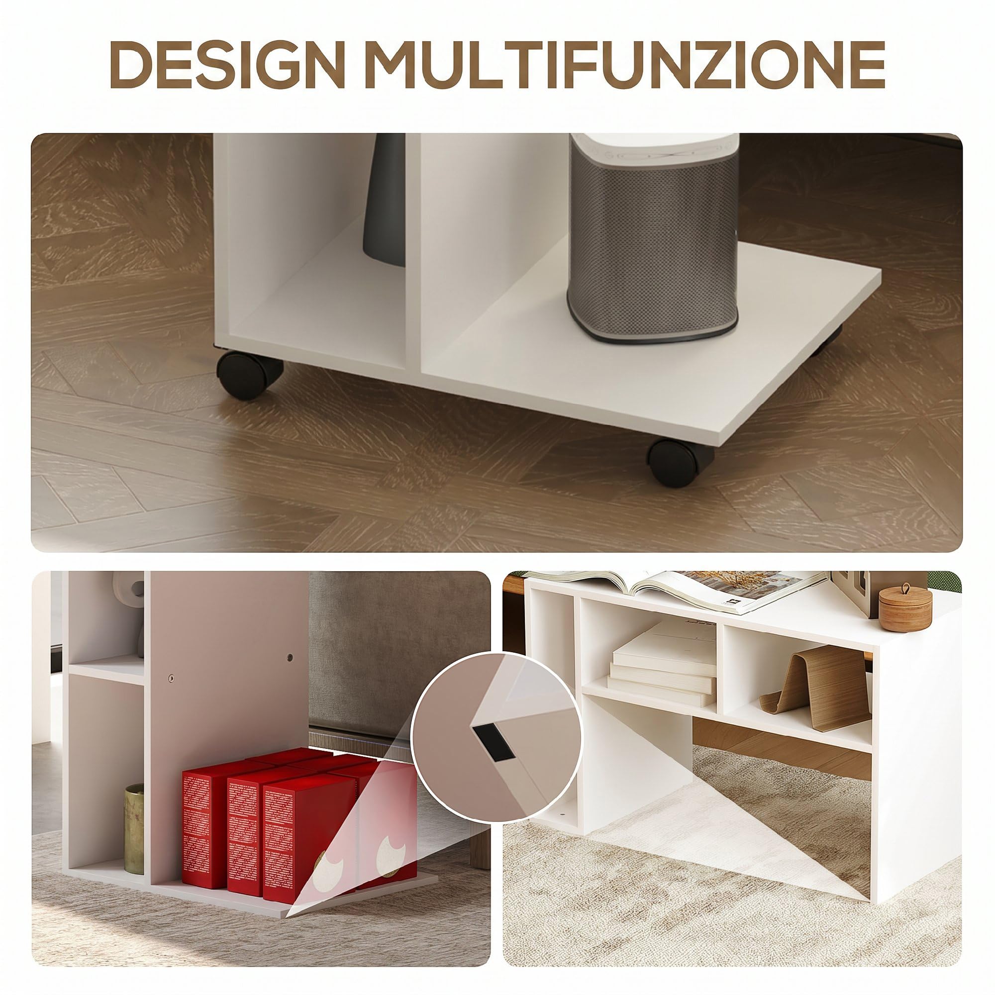 HOMCOM Tavolino da Soggiorno con Rotelle per Divano 40x30x69 cm Bianco