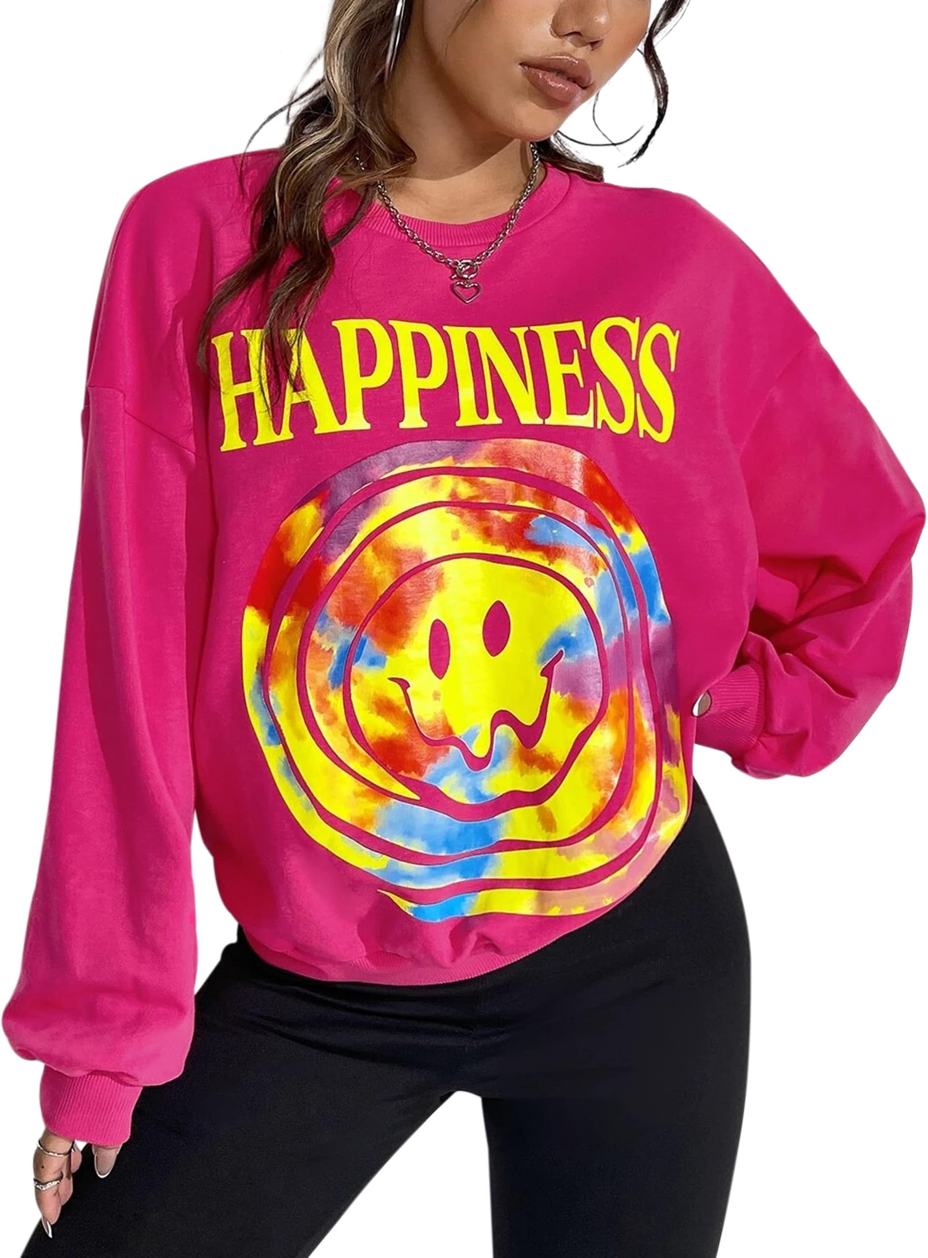 MISSACTIVERWomen’s Letter Graphic Print Sweatshirt Loose Long Sleeve Round Neck Drop Shoulder Fleece Casual Pullover