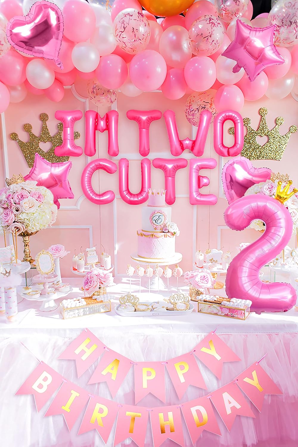 41 PCS Im Two Cute Birthday Decoration Girl Im Two Cute Balloon Pink Number 2 Balloons Girl 2nd Birthday Decoration - Image 7