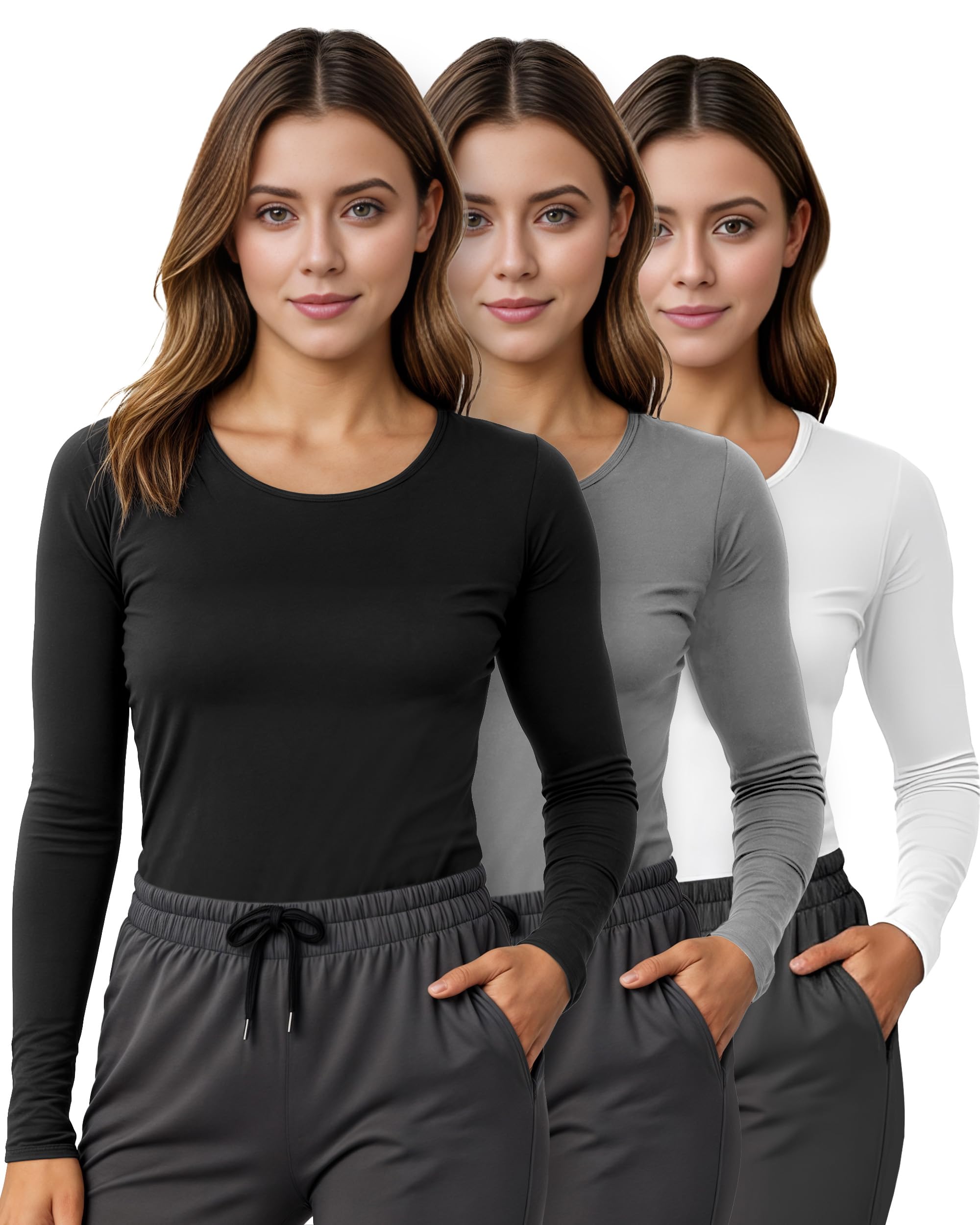 ny threads women's under scrub slim fit long sleeve t-shirt underscrub comfort tee, 3 pack, large, black/light grey/white