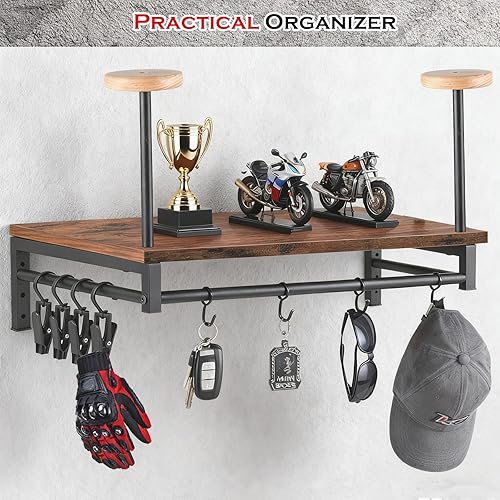 Miniatura 5 de Soporte de pared para casco de motocicleta, estante de almacenamiento de engranajes con 4 clips para guantes, soporte de casco de madera y metal